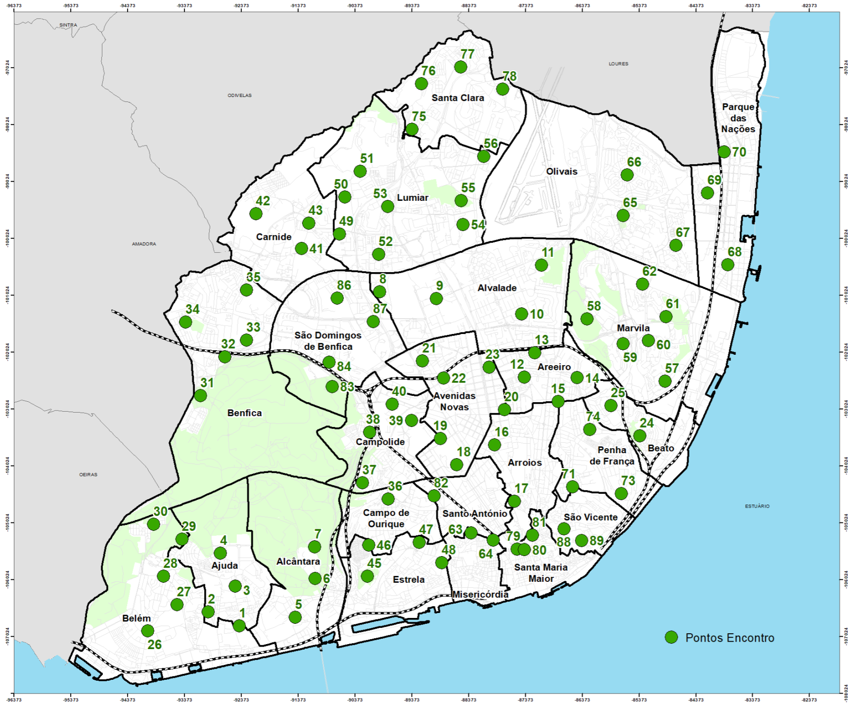 Mapa dos Pontos de Encontro em Lisboa